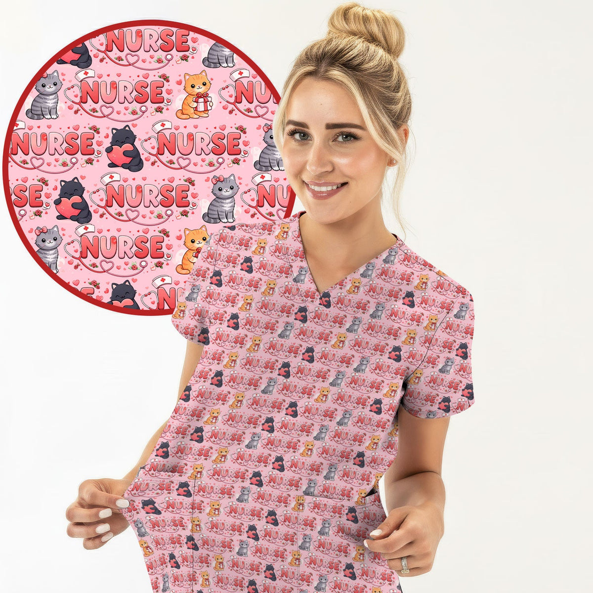 Cat Heart Nurse Scrub Top - Valentines Day Gift