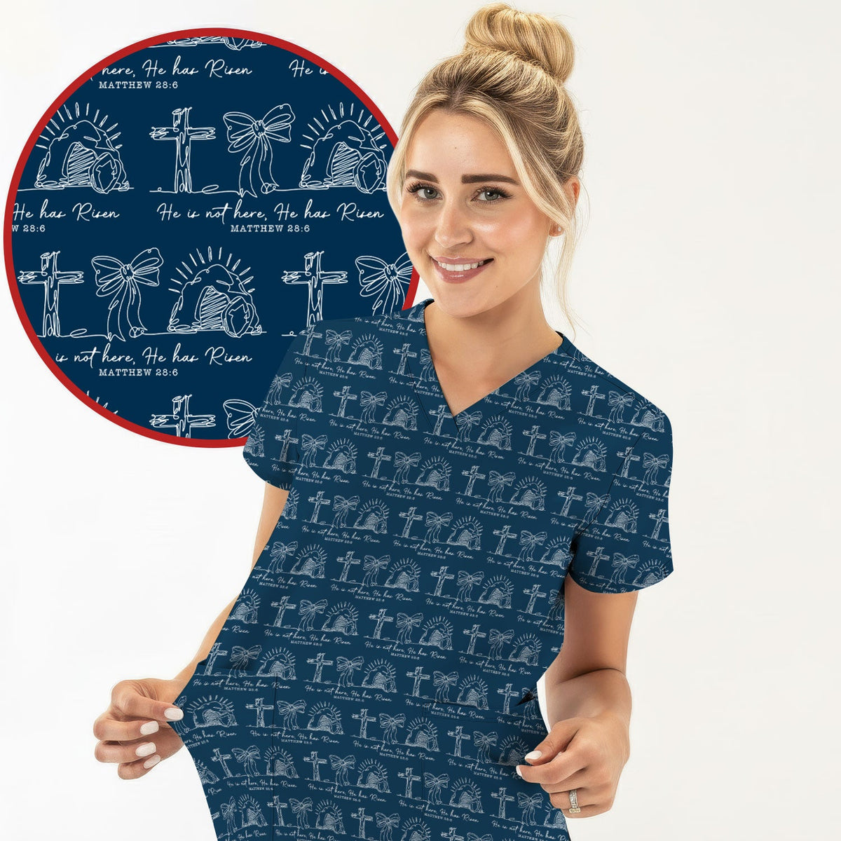 Christian Cross He Is Risen Pattern Scrubs Top, Comfortable Scrubs for Nurses