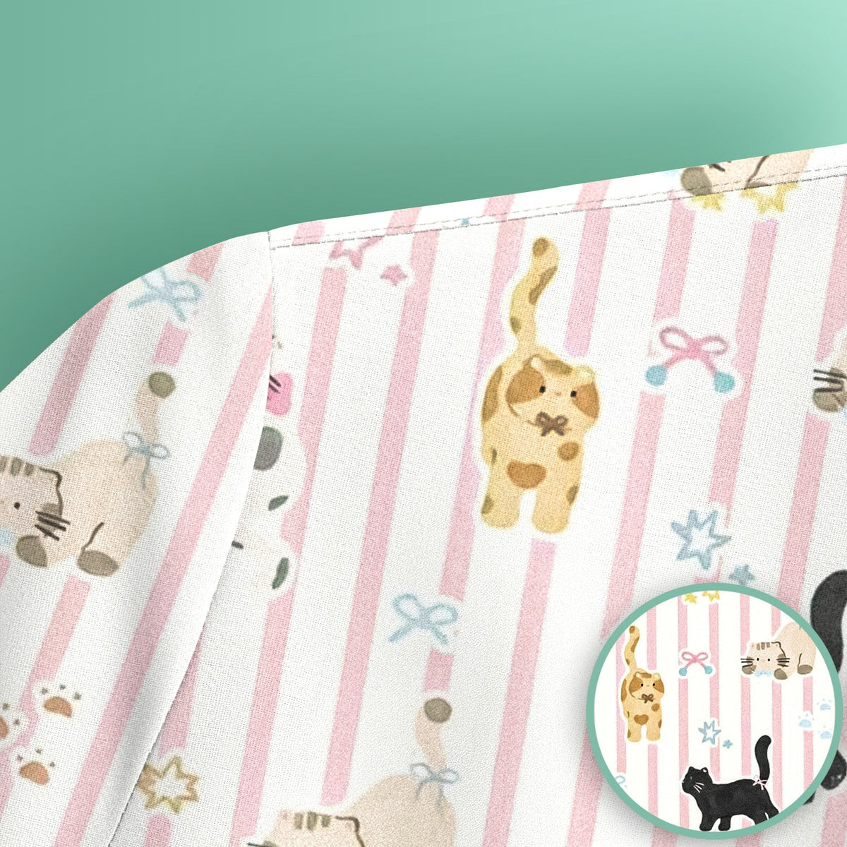 Playful Cat Stripe Ribbon Nurse Scrub Top