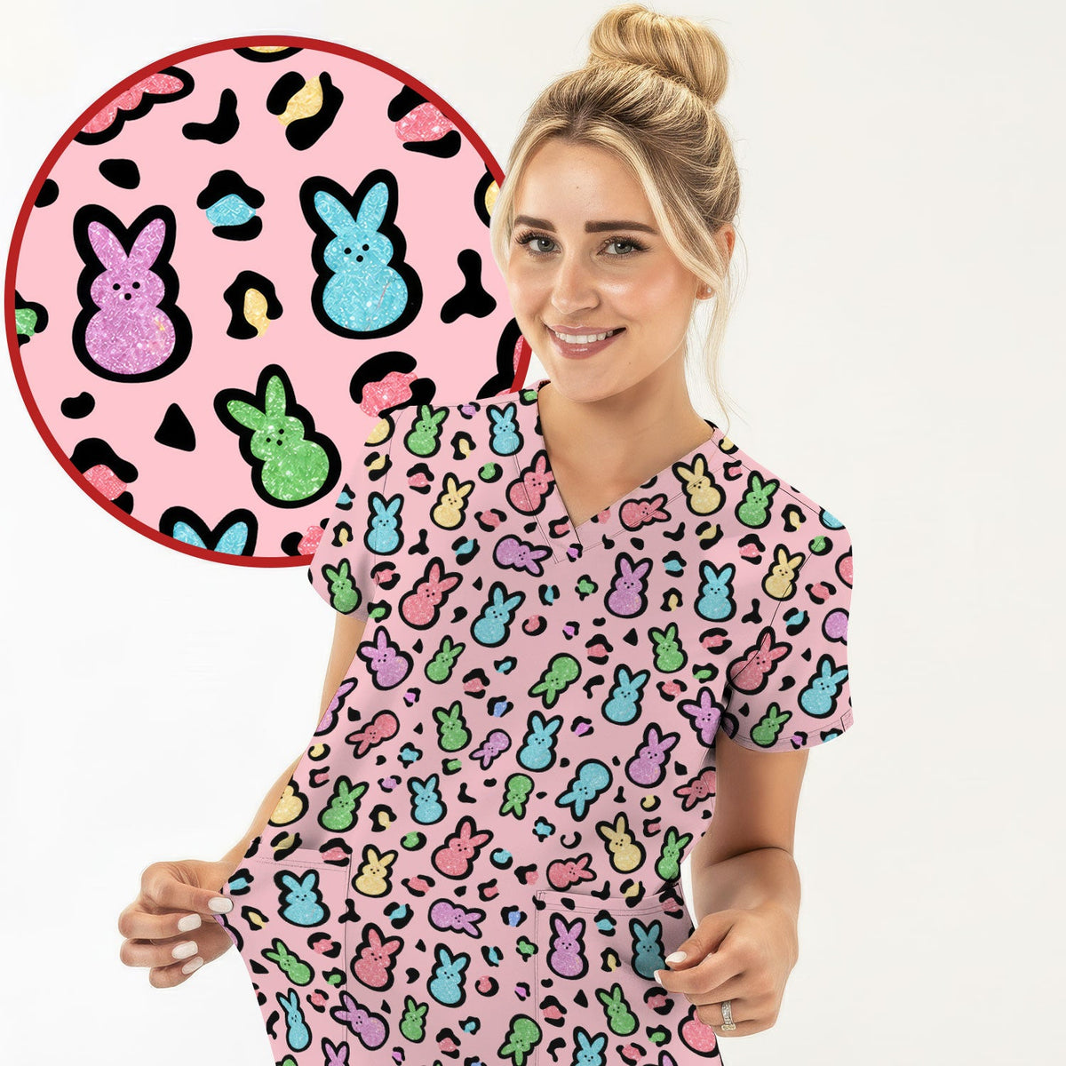 Pastel Bunny Nurse Scrub Top