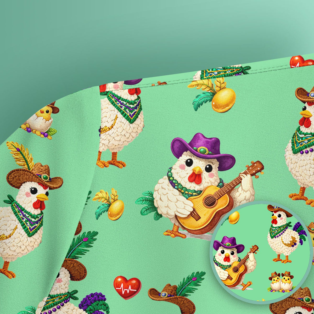 Mardi Gras Rooster Cowboy Nurse Scrub Top