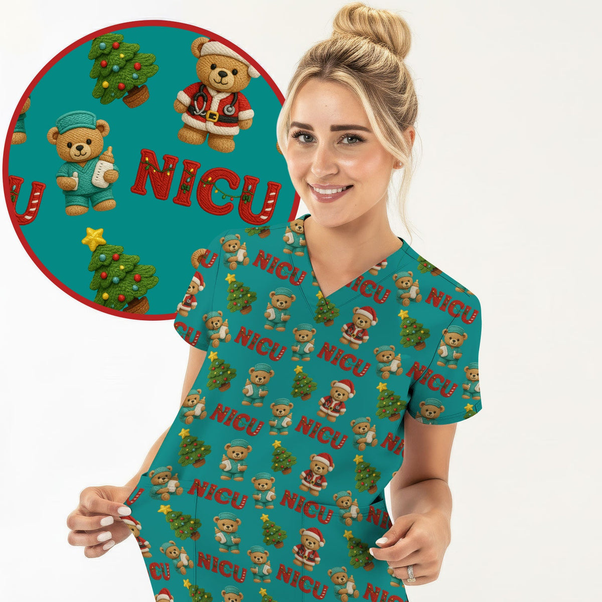 NICU Nurse Teddy Bear Scrub Top - Christmas Gift