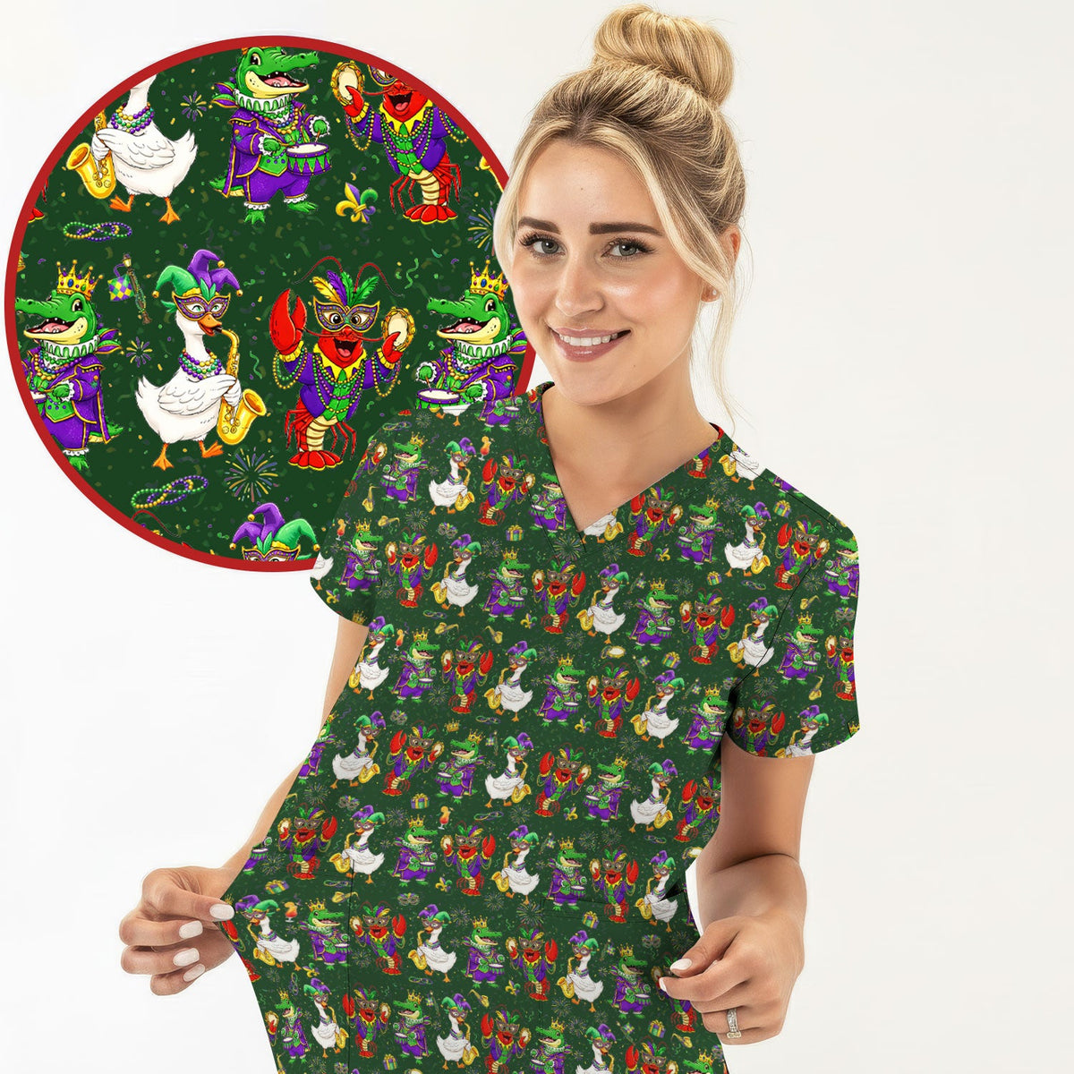 Crawfish Duck Mardi Gras Nurse Scrub Top