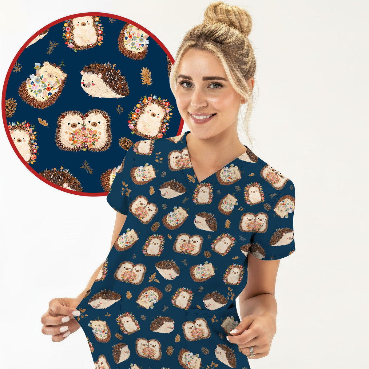 Hedgehog Floral Nurse Scrub Top