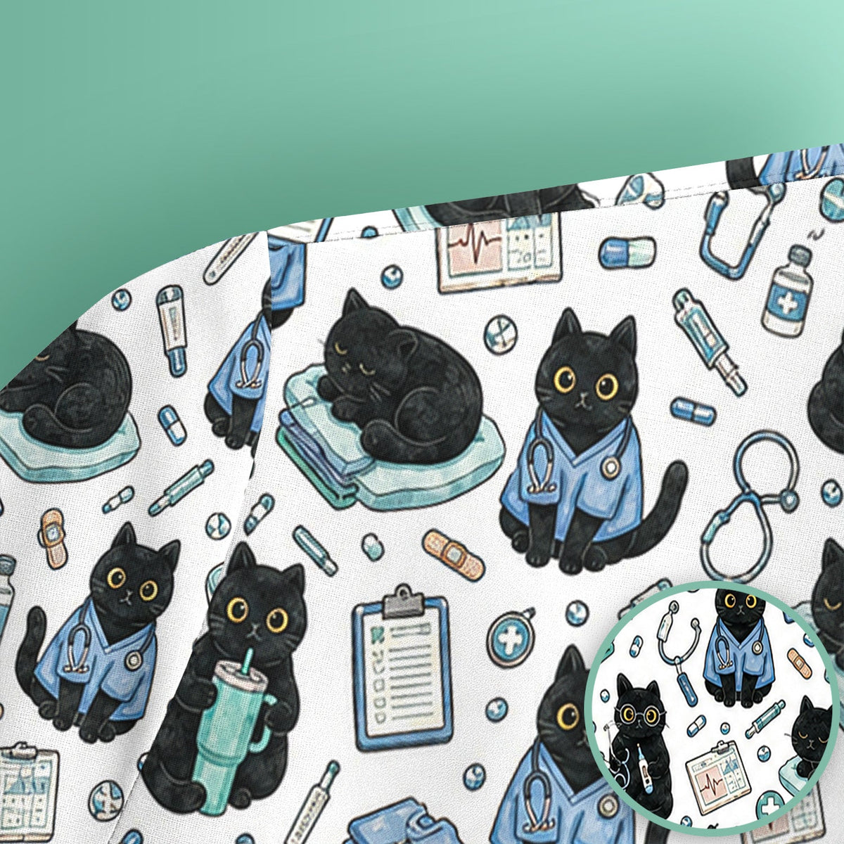 Black Cat Clinic Nurse Scrub Top