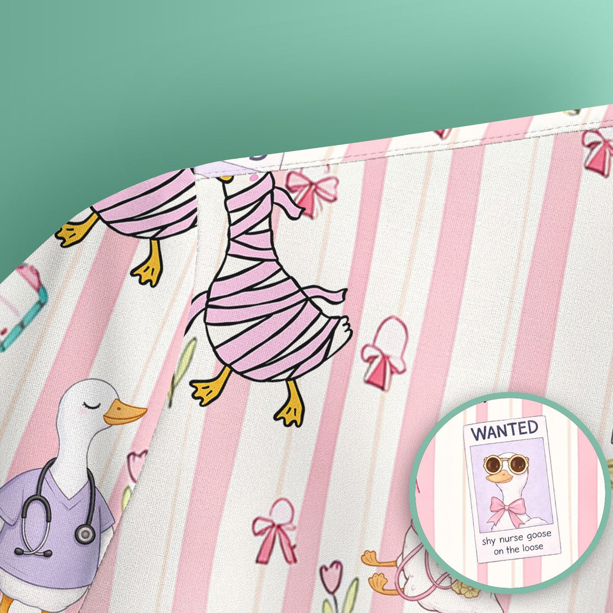 Cute Nurse Duck Stripe Pattern Scrub Top, Comfortable Scrubs for Nurses