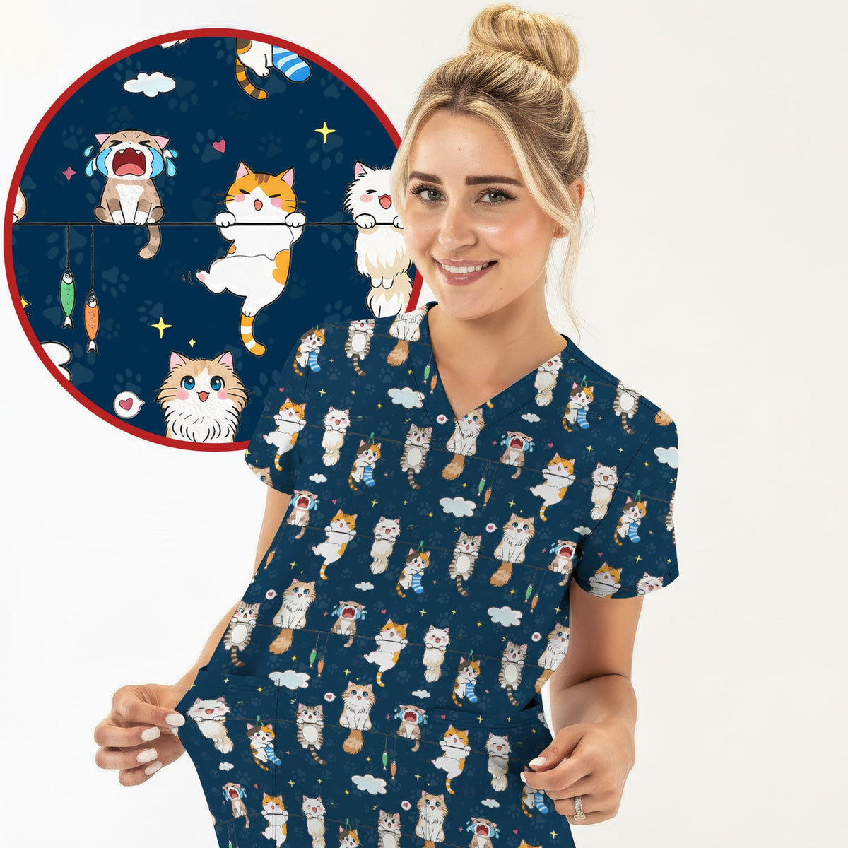 Cats With Cute Expressions Nurse Scrub Top