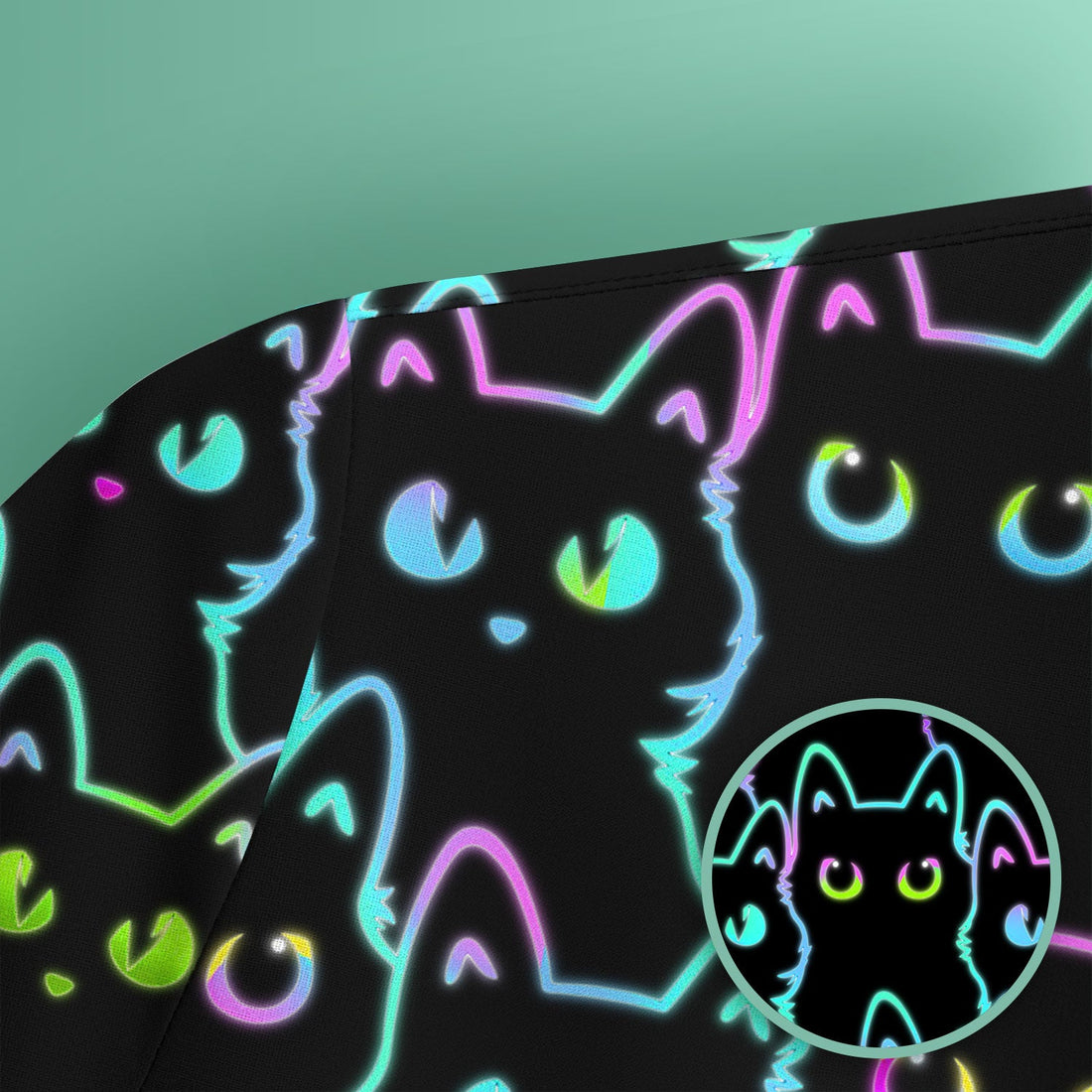 Neon Cat Pattern Scrub Top, Black Cat Scrub Shirt, Breathable Fabrics Nursing Uniform