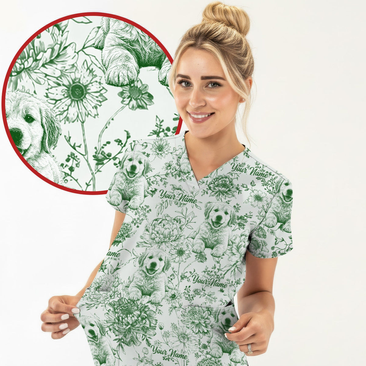 Personalized Pet Photo Floral Nurse Scrub Top