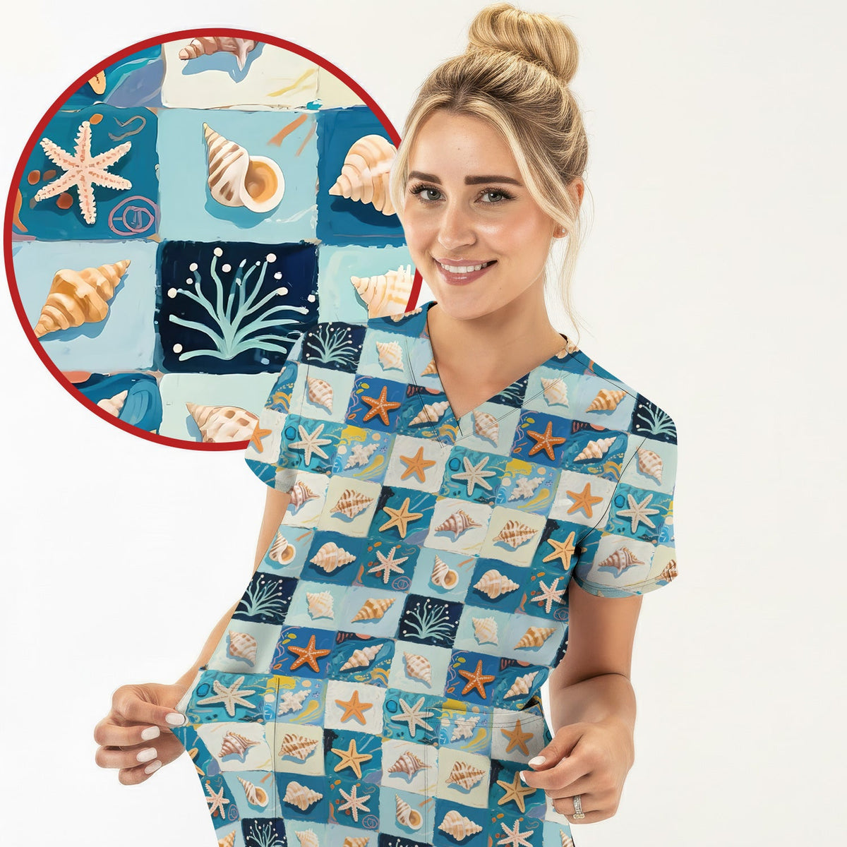 Seashell Starfish Ocean Tile Nurse Scrub Top