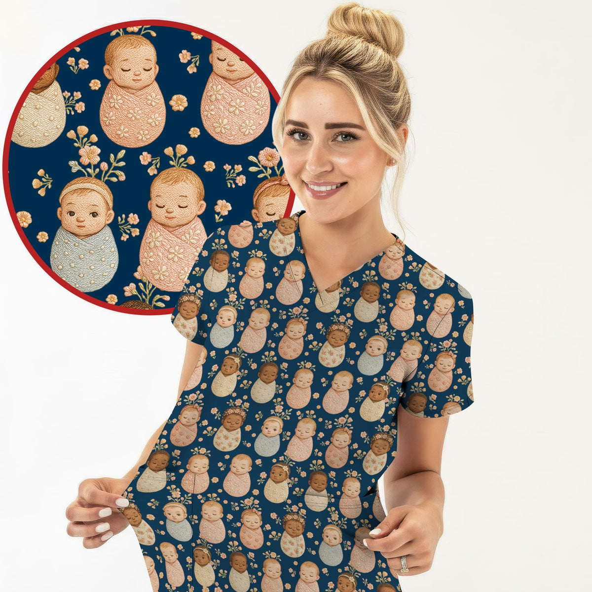 Sweet Newborn Baby Floral Print Women's Scrub Set, Breathable Med Uniform