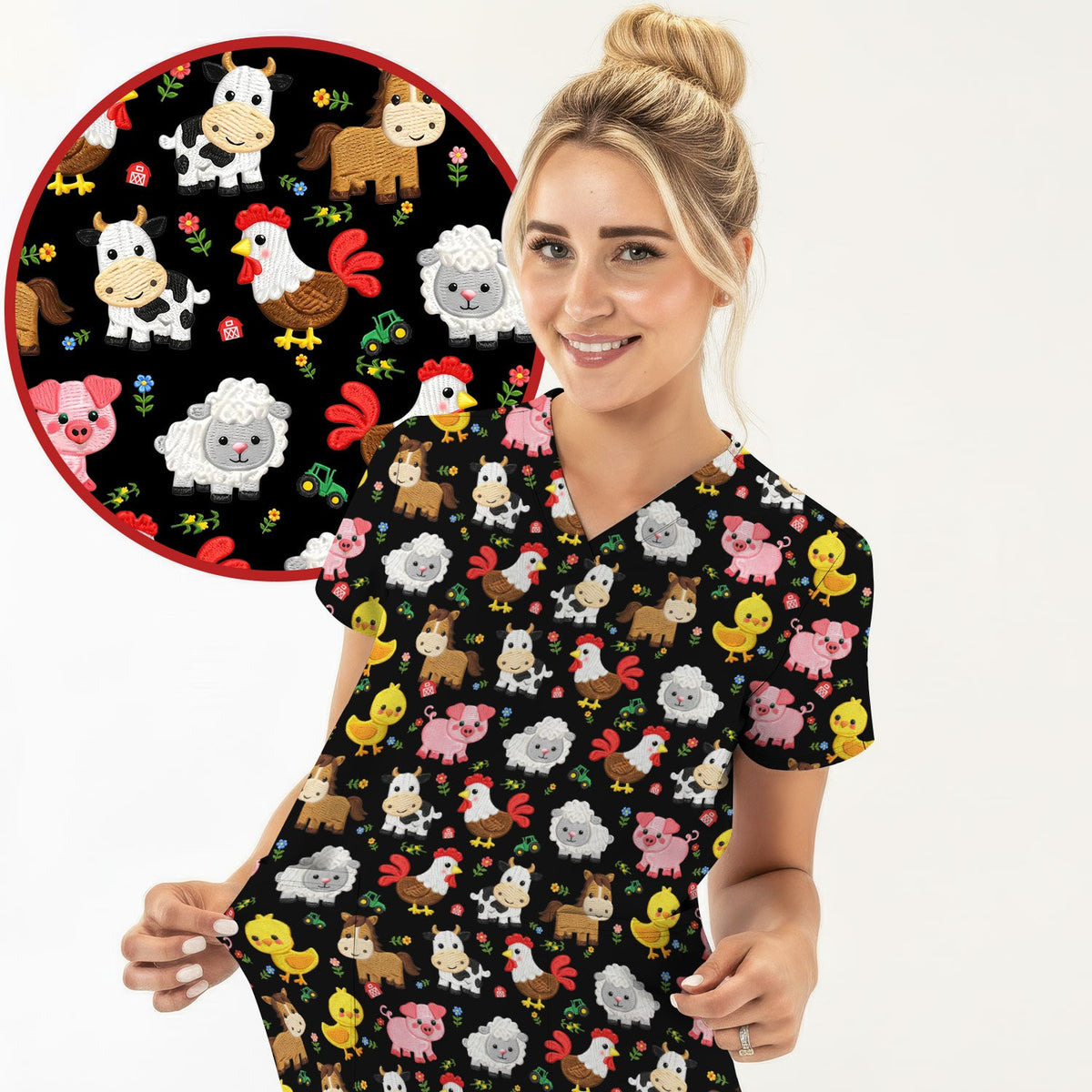 Cartoon Farm Animal Nurse Scrub Top