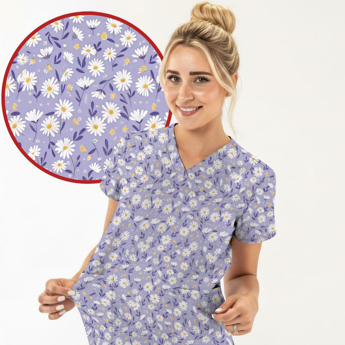 Cute Purple Daisy Botanical Print Scrub Top, Comfortable Scrubs For Nurses