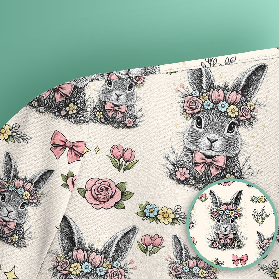 Easter Vintage Floral Bunny Print Scrub Top, Comfortable Scrubs for Nurses