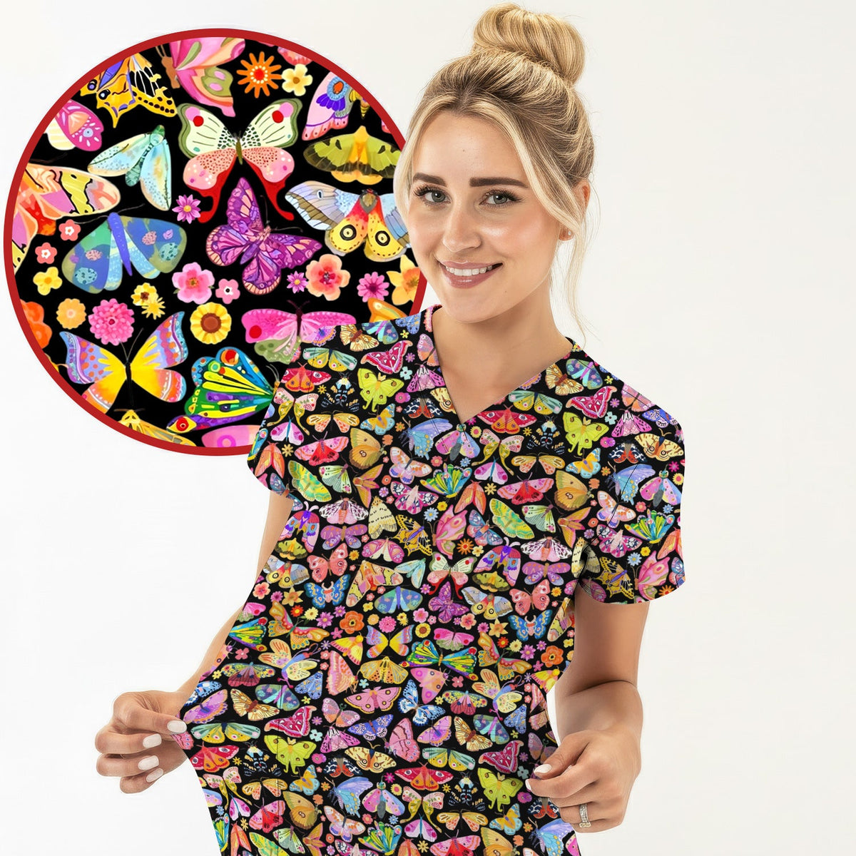 Cute Bright Butterfly Moth Floral Nurse Scrub Top