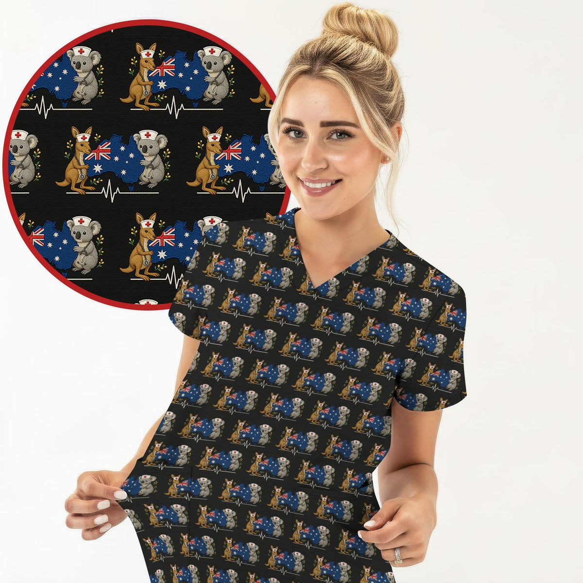 Australian Nurse Scrub Top, Cute Koala Kangaroo Heartbeat Pattern Shirt,  Breathable Fabrics Nursing Uniform