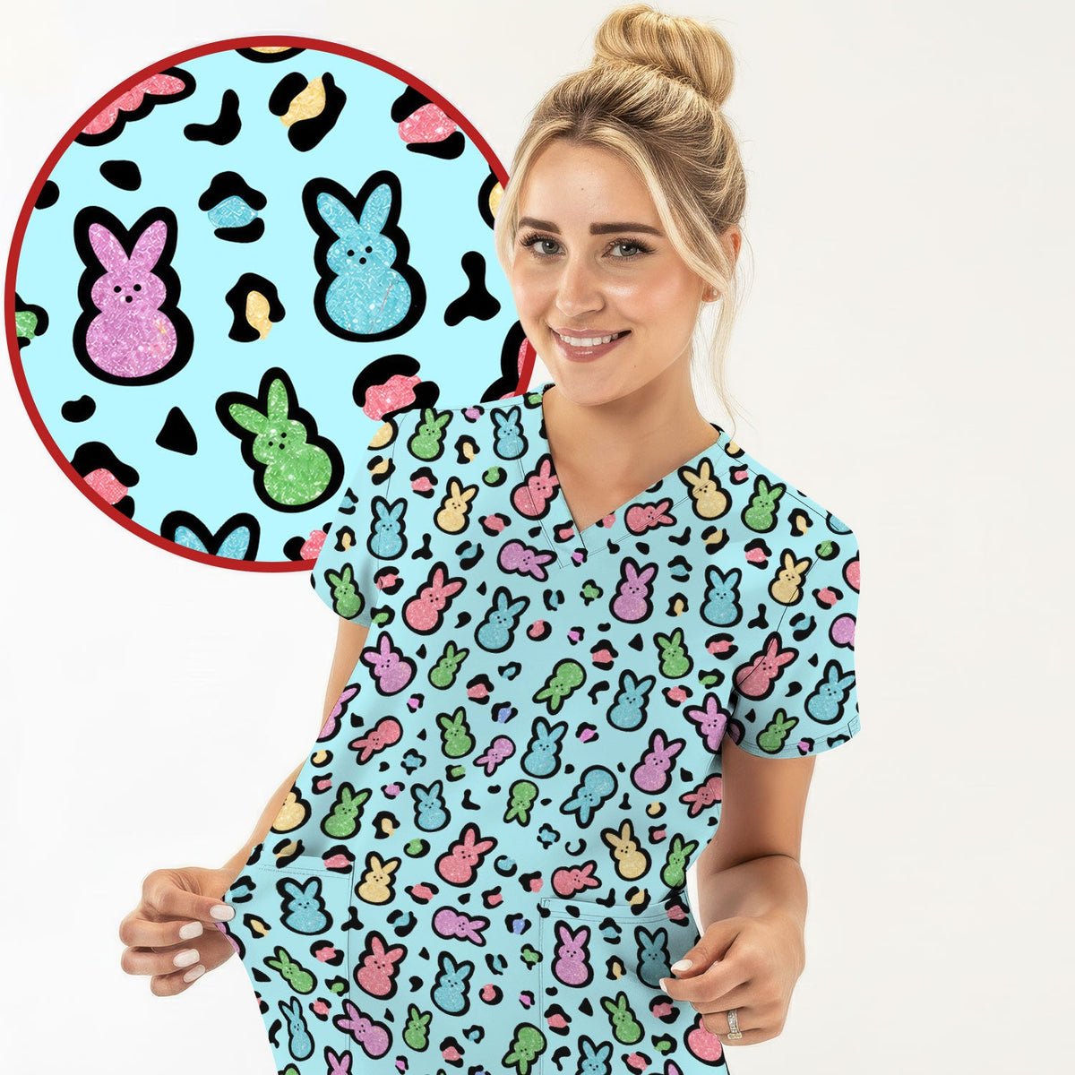 Pastel Bunny Nurse Scrub Top