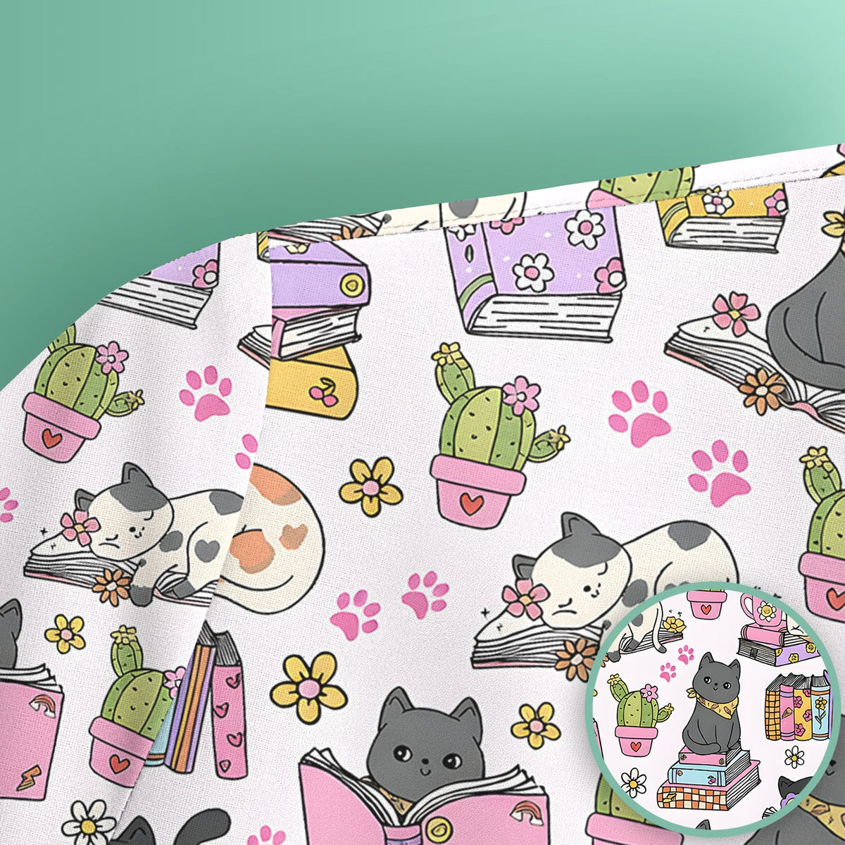 Cat Book Cactus Nurse Scrub Top