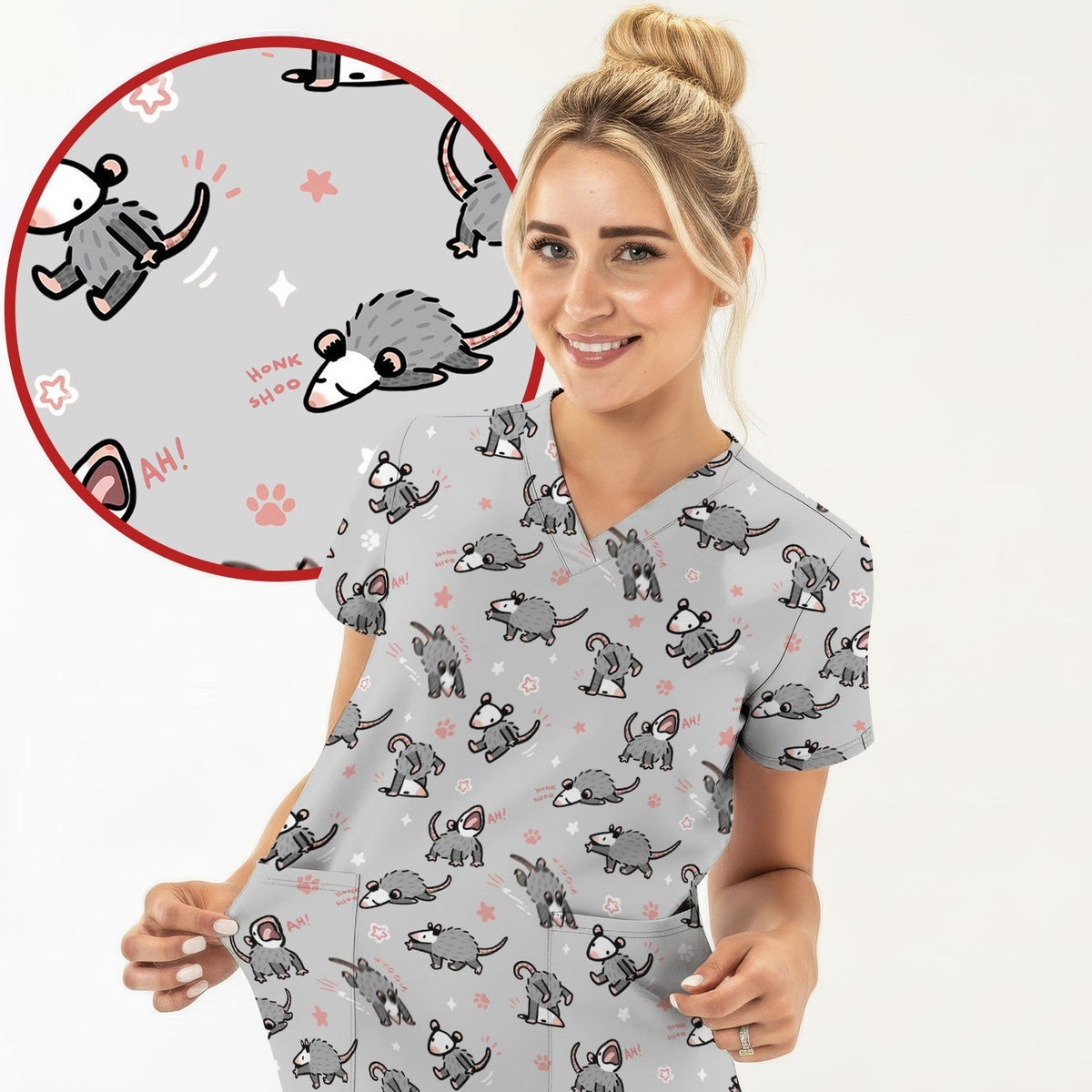 Cartoon Opossum Nurse Scrub Top
