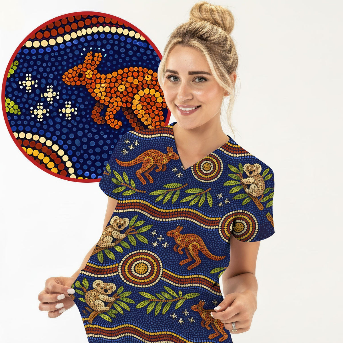 Australian Aboriginal Dot Art Kangaroo Koala Nurse Scrub Top