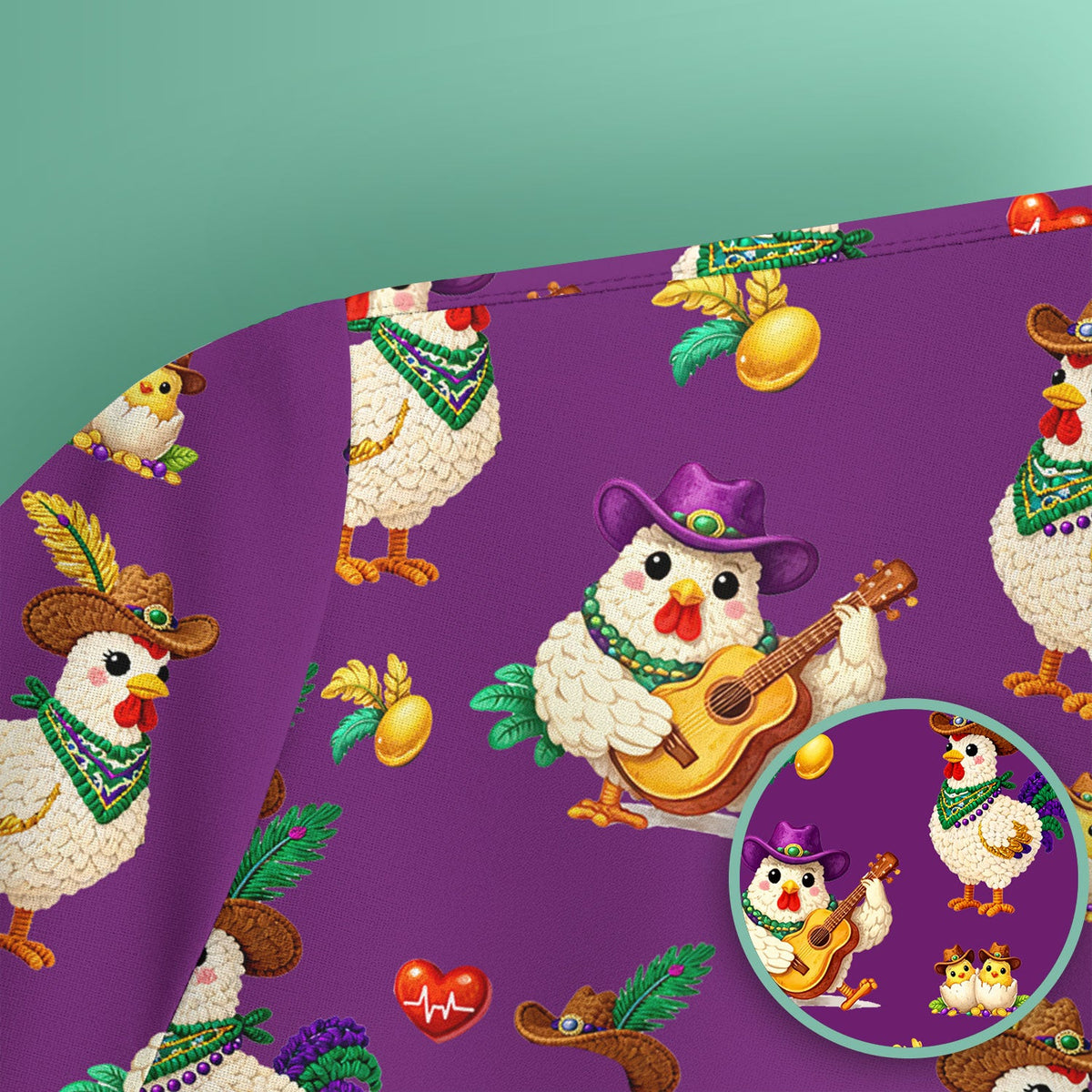 Mardi Gras Rooster Cowboy Nurse Scrub Top