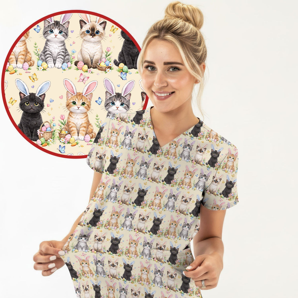 Kitten Bunny Ears Nurse Scrub Top - Easter Gift