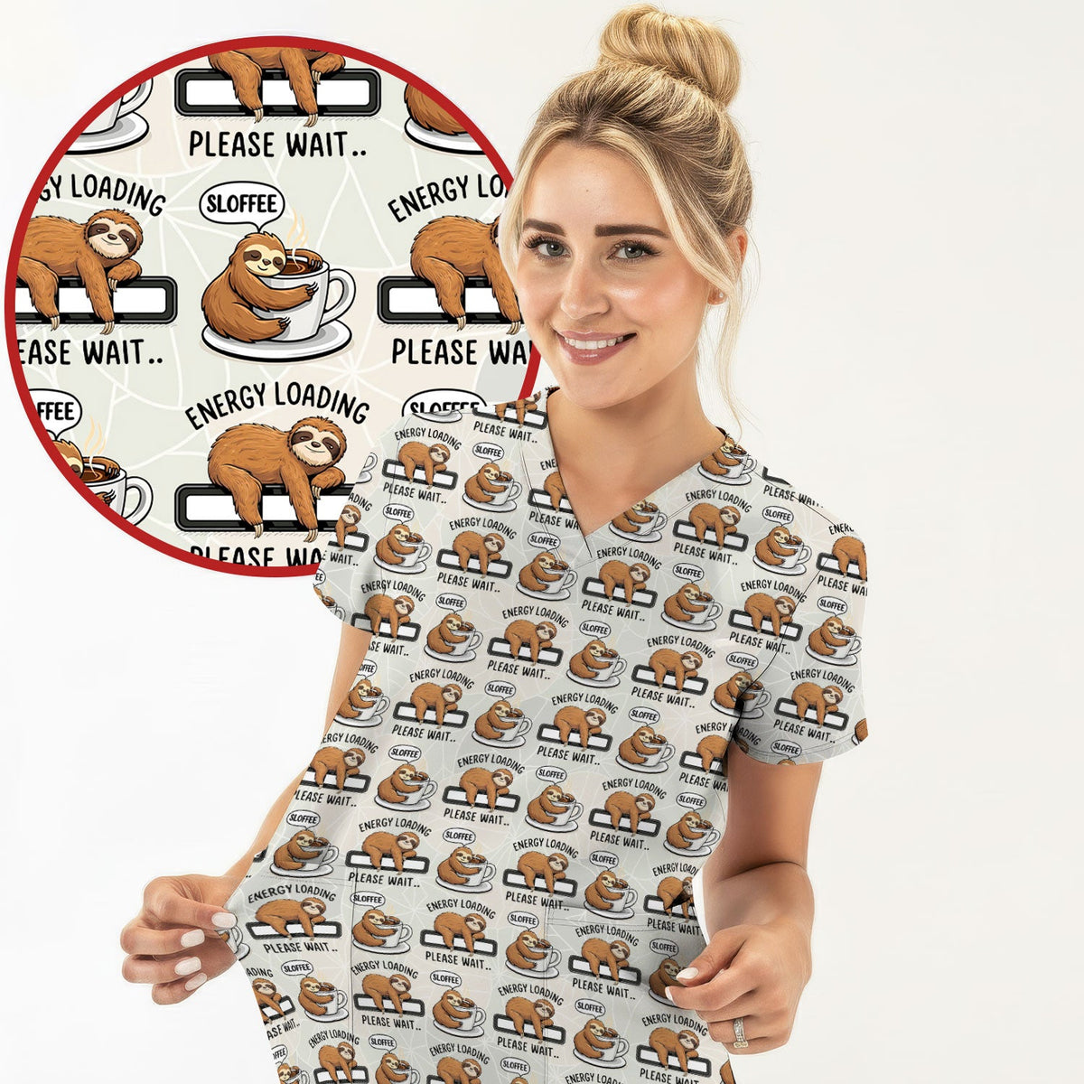 Sloth Coffee Energy Nurse Scrub Top