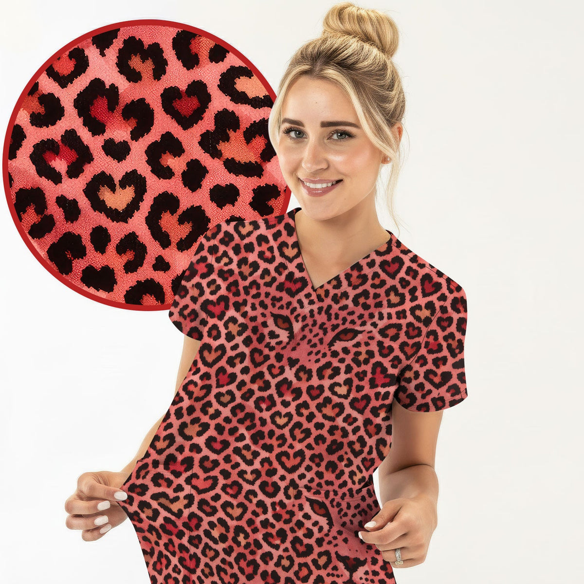 Leopard Pink Nurse Scrub Top - Valentines Day Gift