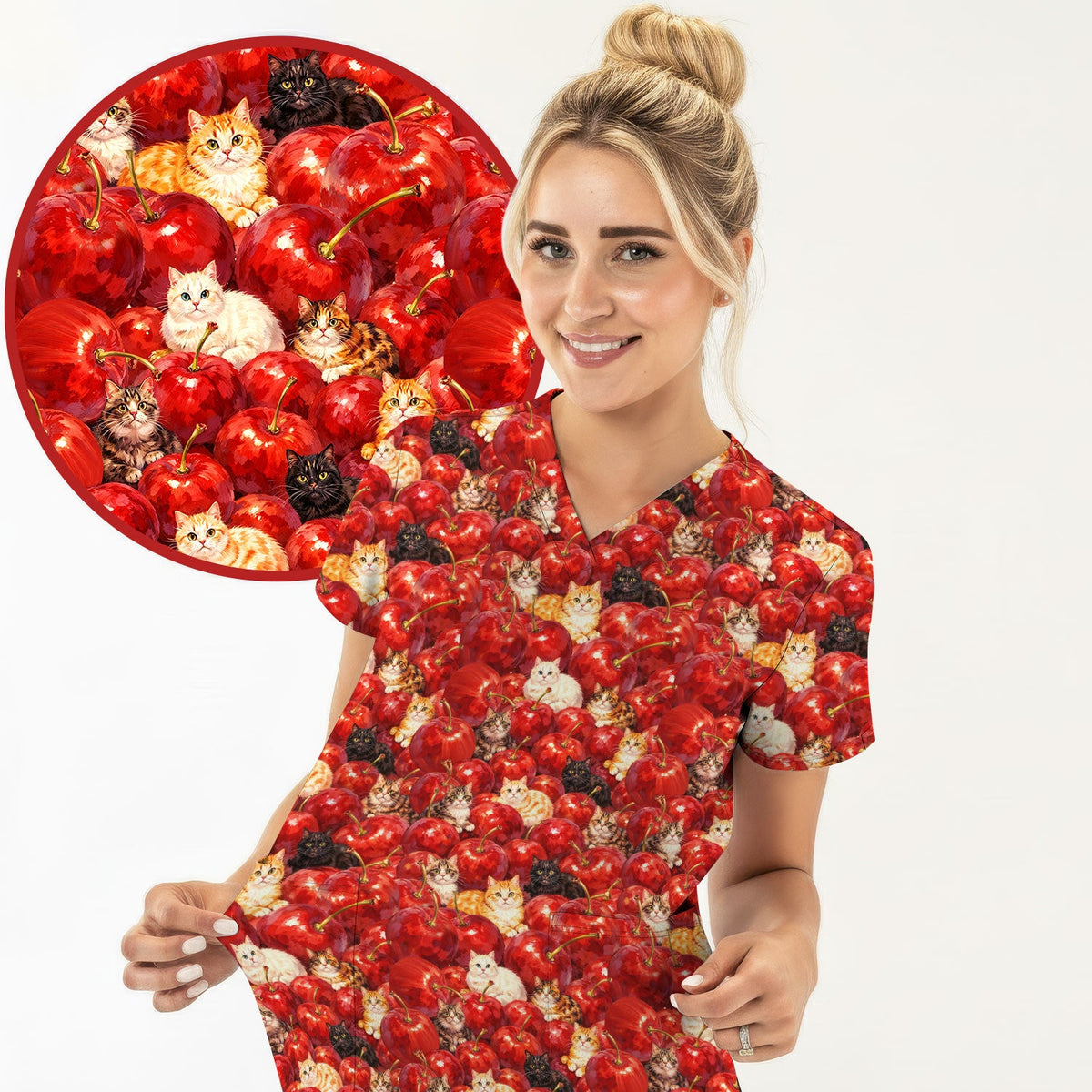 Cat Cherry Nurse Scrub Top