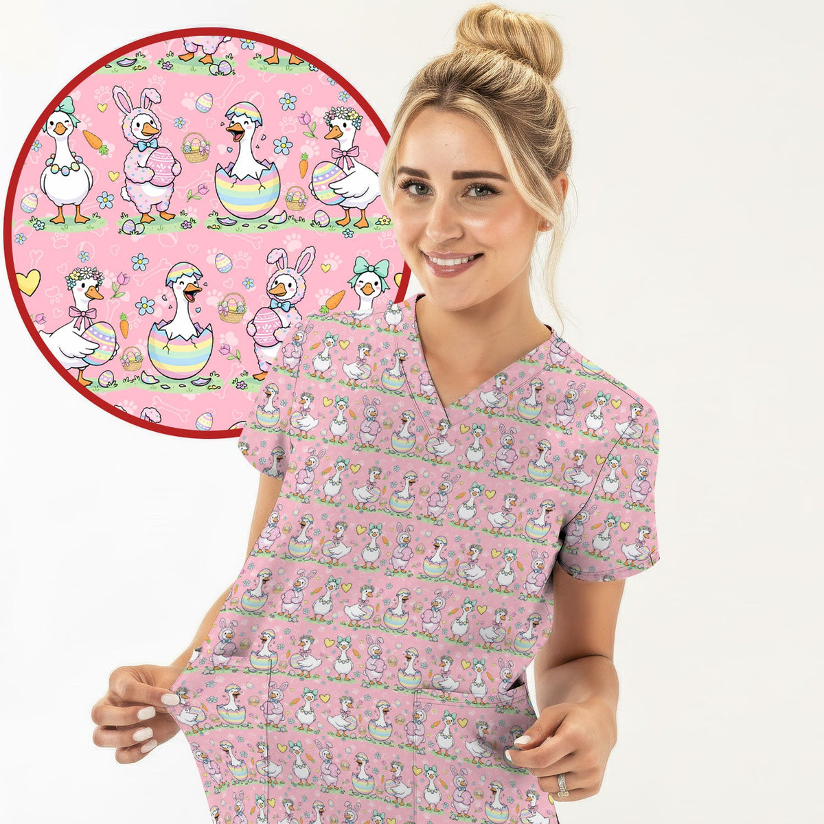 Pastel Easter Goose Bunny Egg Pattern Scrub Top, Comfortable Scrubs for Nurses