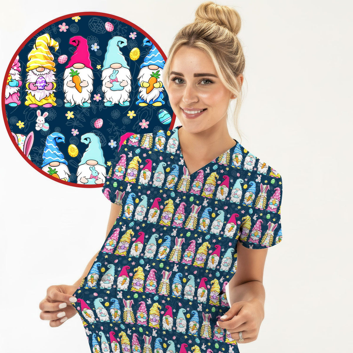 Colorful Easter Gnome Bunny Eggs Nurse Scrub Set
