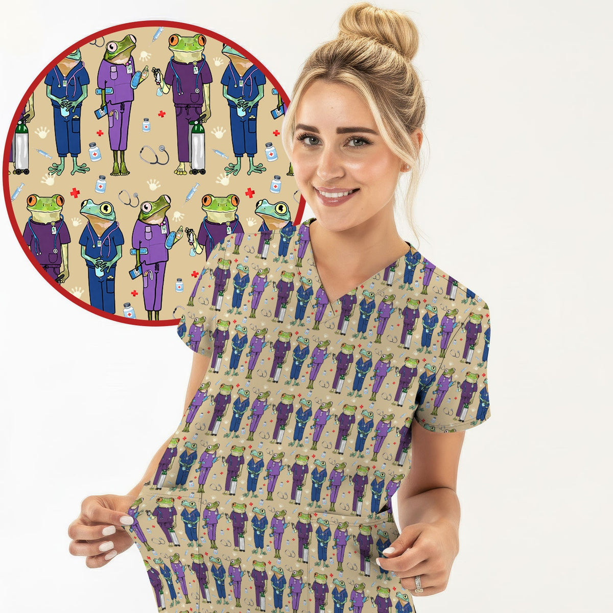 Frog Print Nurse Scrub Top