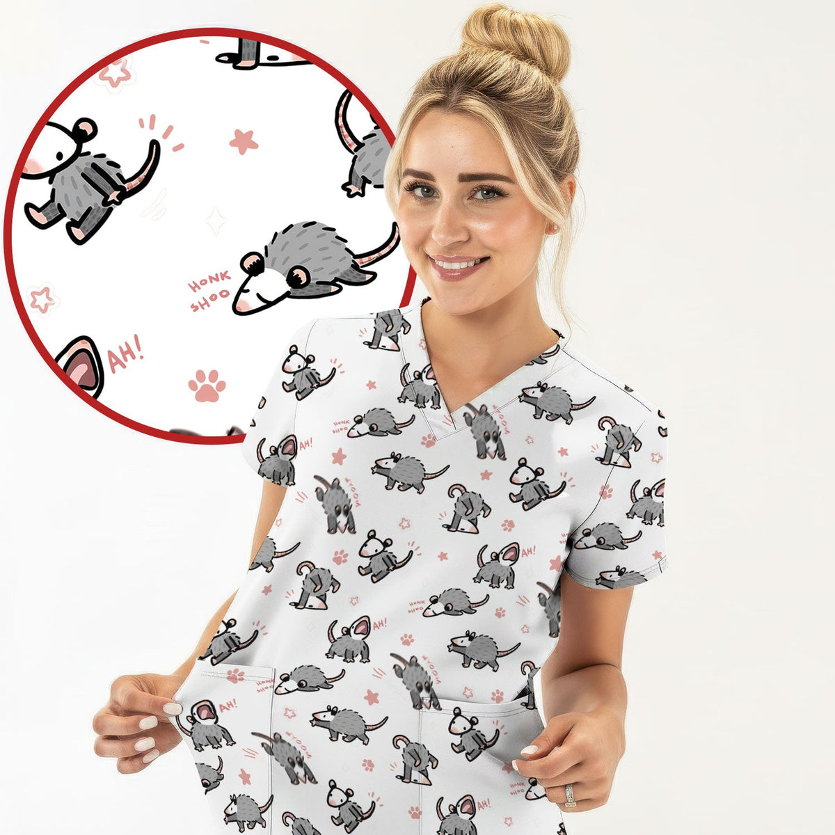 Cartoon Opossum Nurse Scrub Top