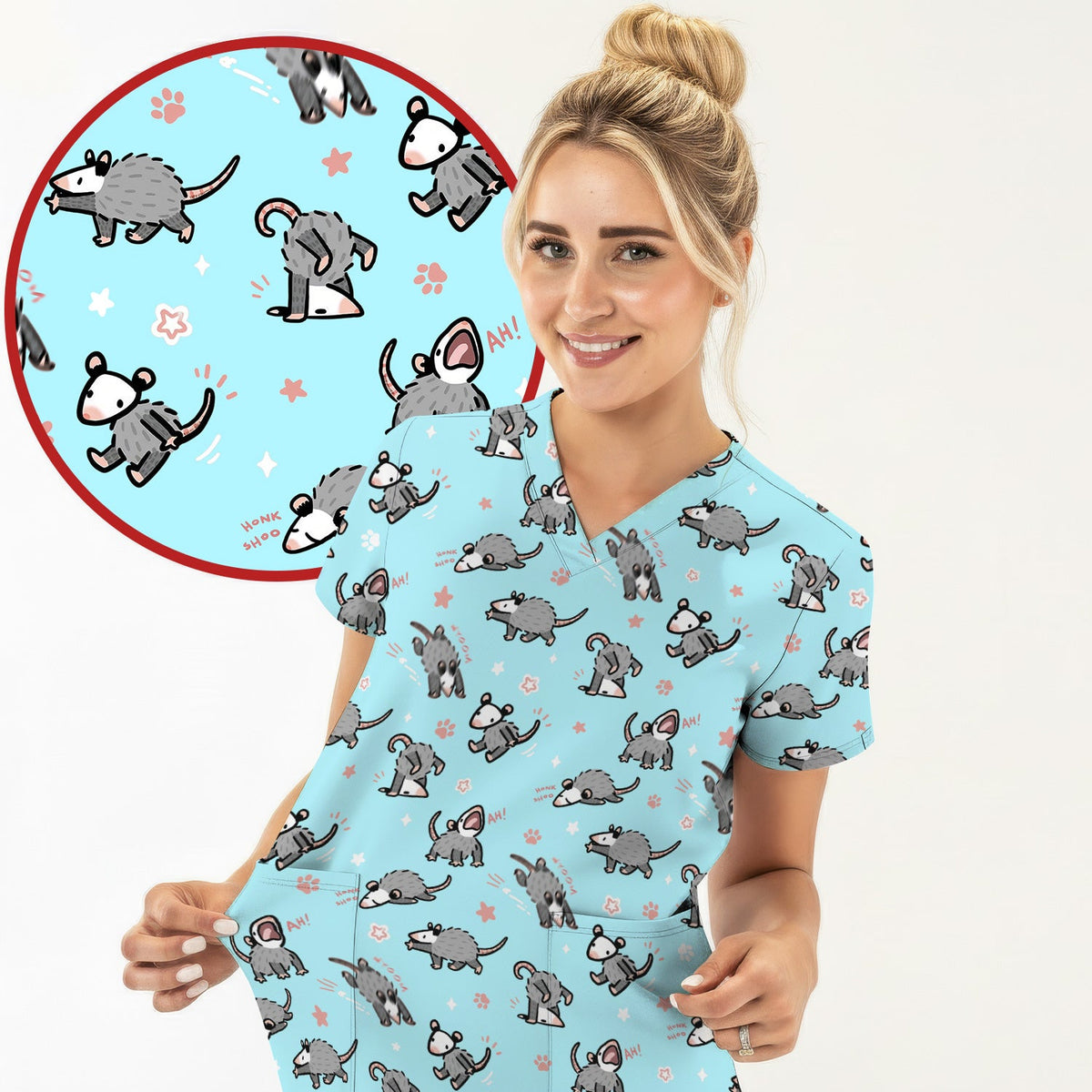 Cartoon Opossum Nurse Scrub Top