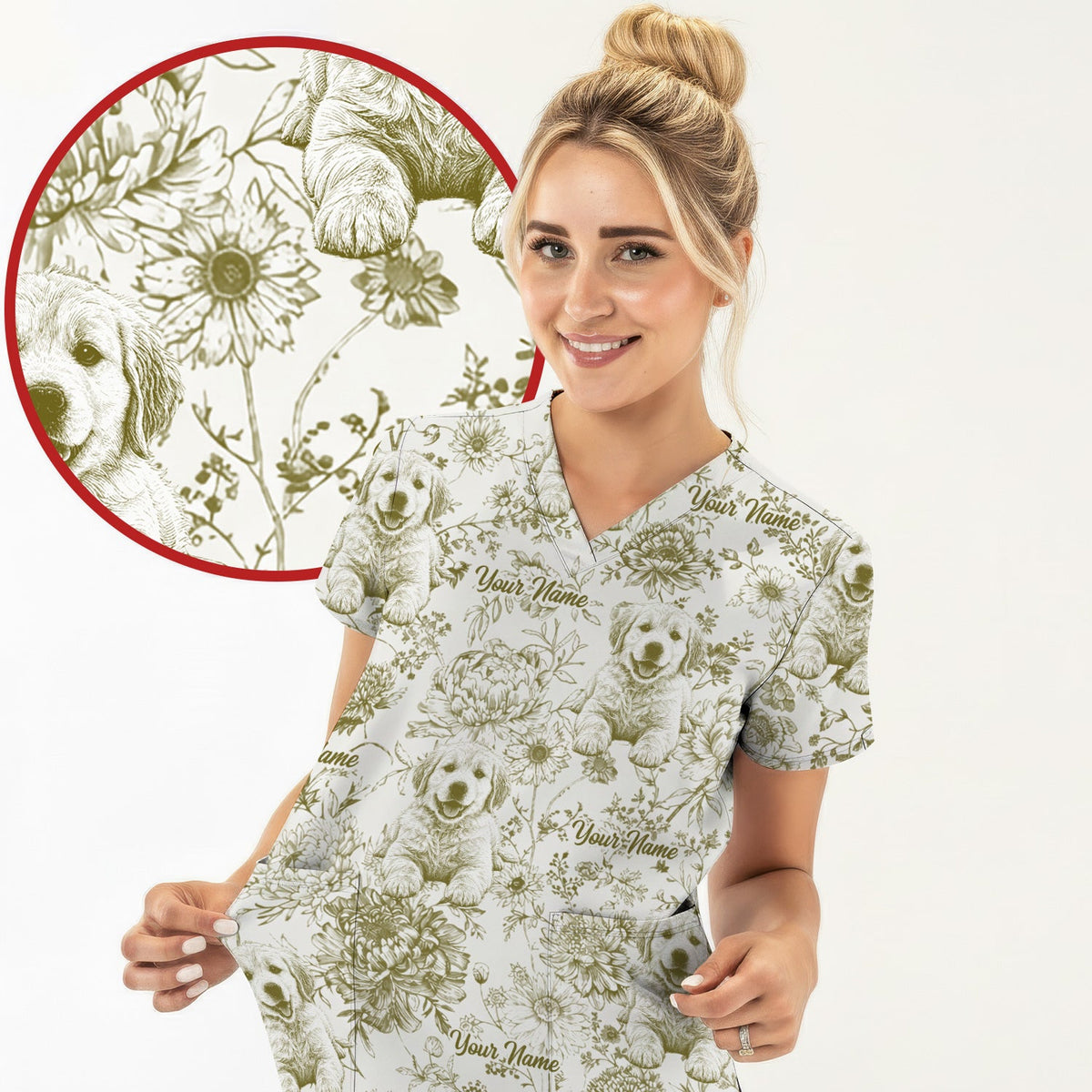 Personalized Pet Photo Floral Nurse Scrub Top