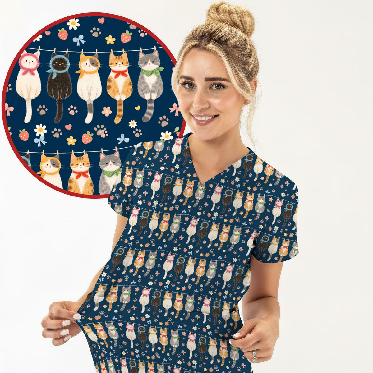 Cat Clothesline Nurse Scrub Top