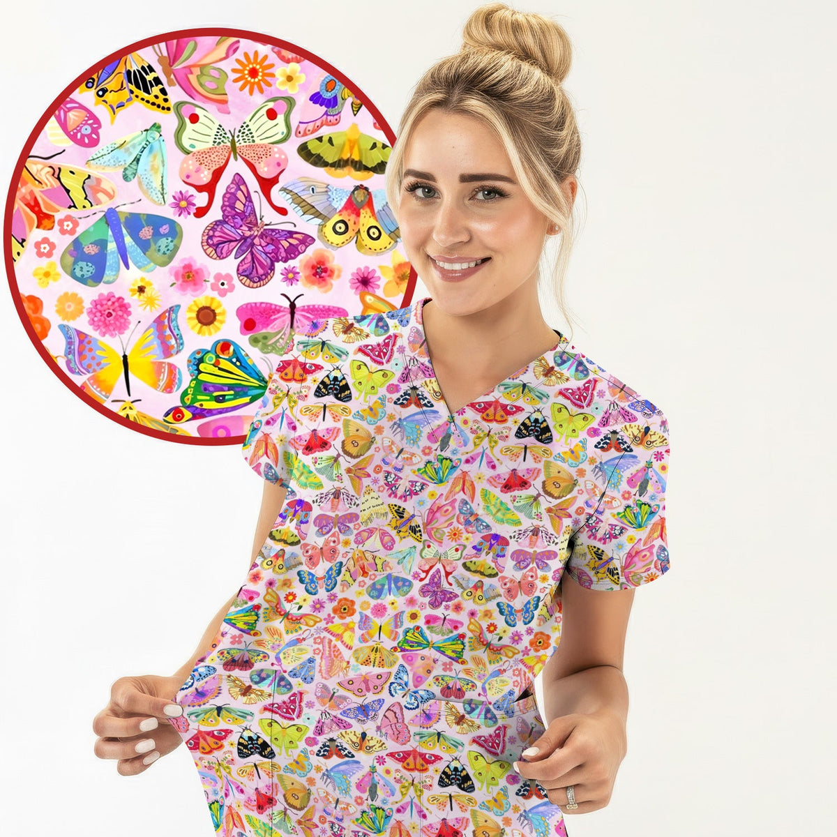 Cute Bright Butterfly Moth Floral Nurse Scrub Top