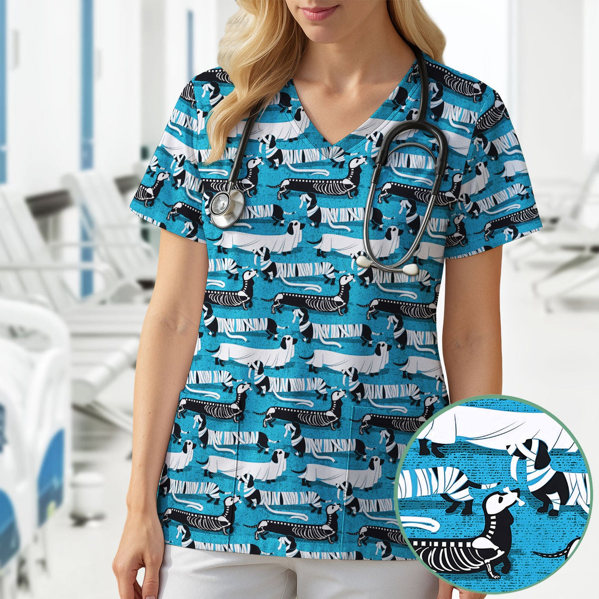 Halloween Dachshund Scrub Top - Funny Dog Skeleton Scrub Shirt Multi Color - Cute Halloween Scrubs Gift for Nurse, CNA, RN, Doctor
