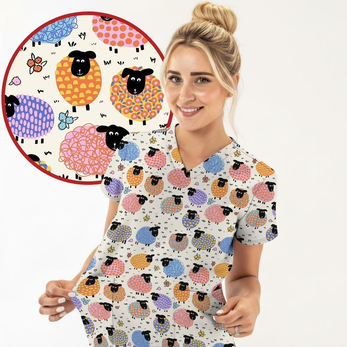 Adorable Colorful Sheep Nurse Scrub Top