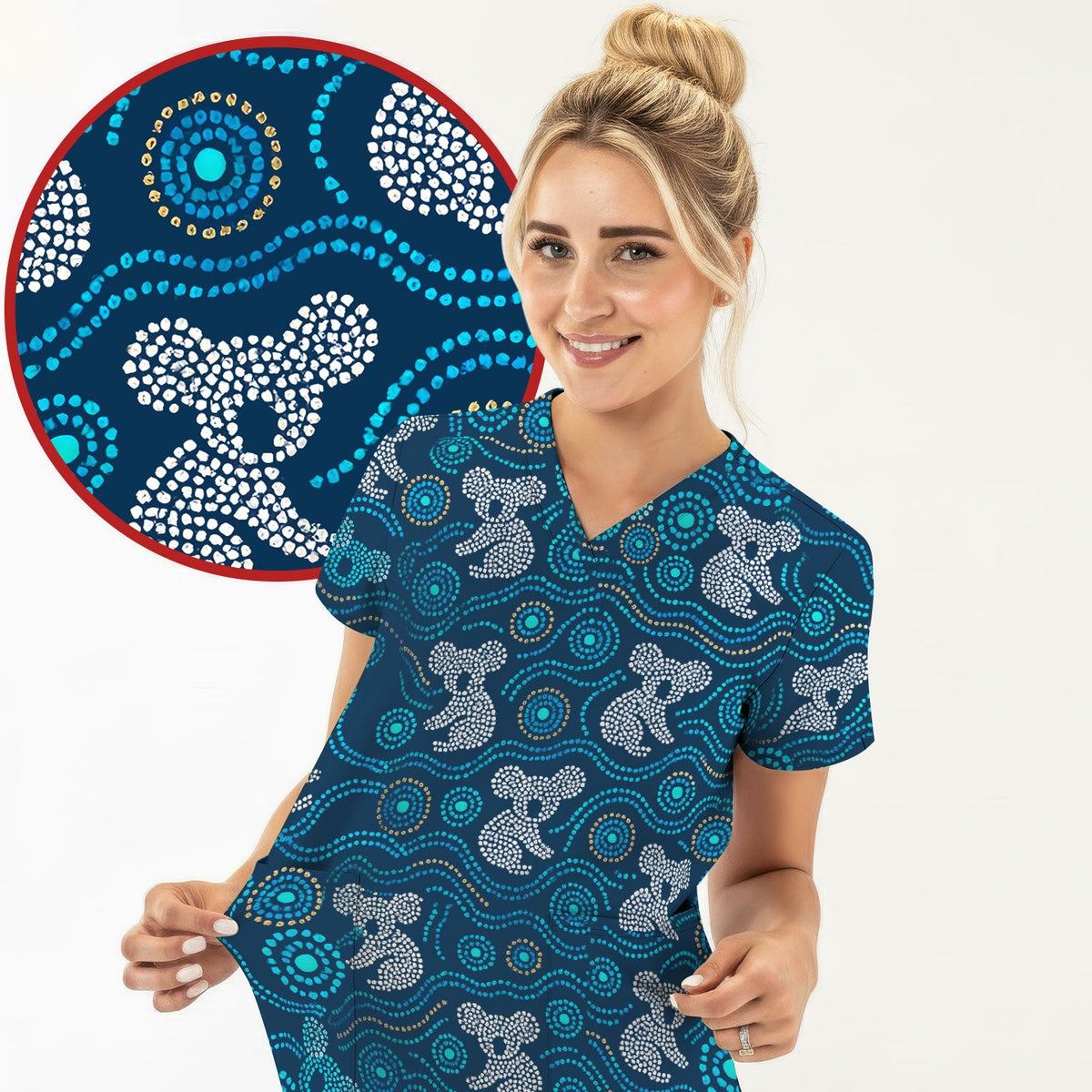 Australian Koala Aboriginal Dot Art Scrub Top, Aboriginal Pattern Shirt, Breathable Nursing Uniform