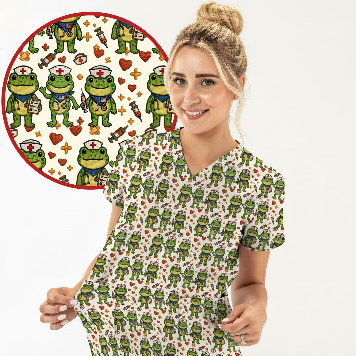 Frog Pattern Scrub Top, Cute Frog Scrub Shirt, Breathable Fabrics Nursing Uniform