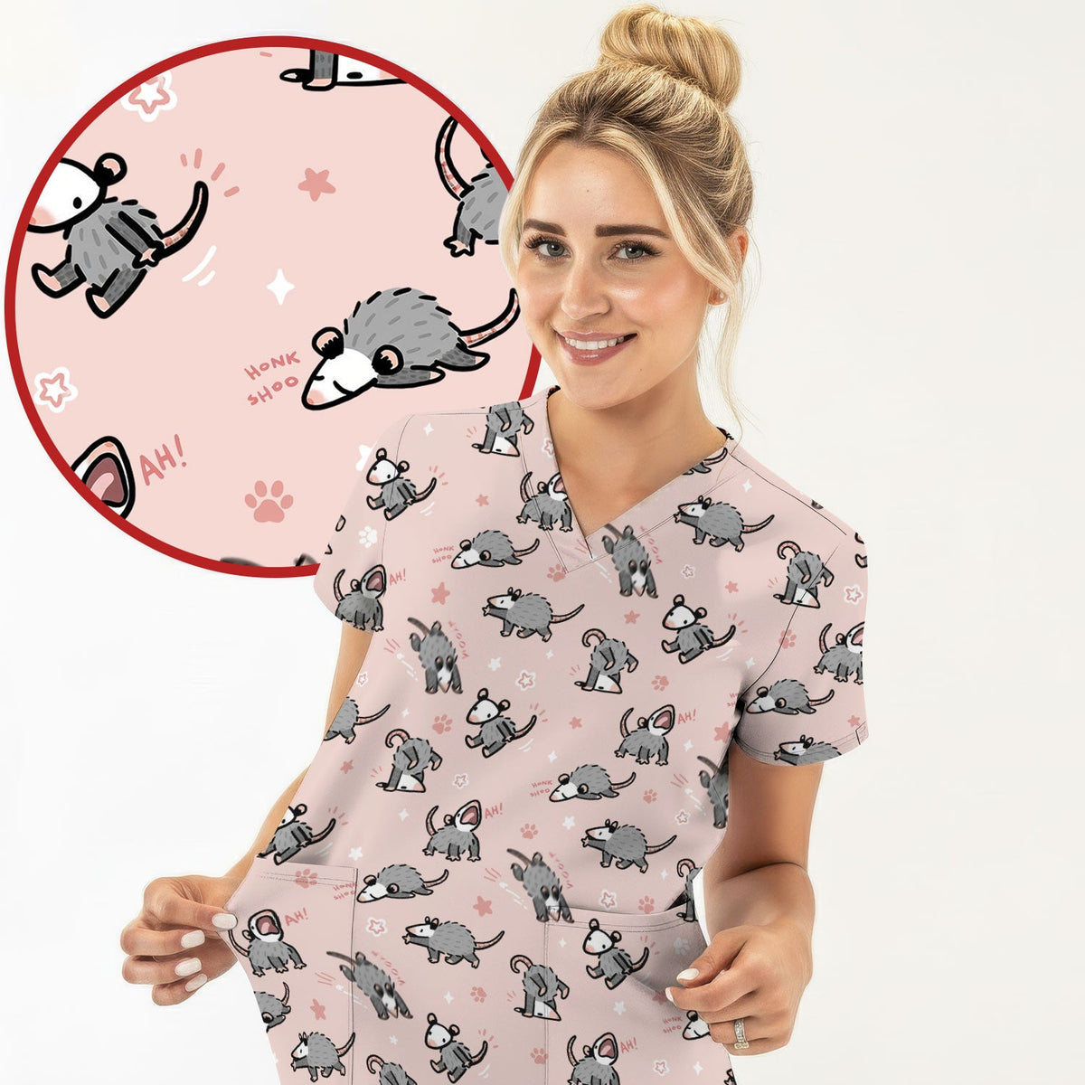 Cartoon Opossum Nurse Scrub Top