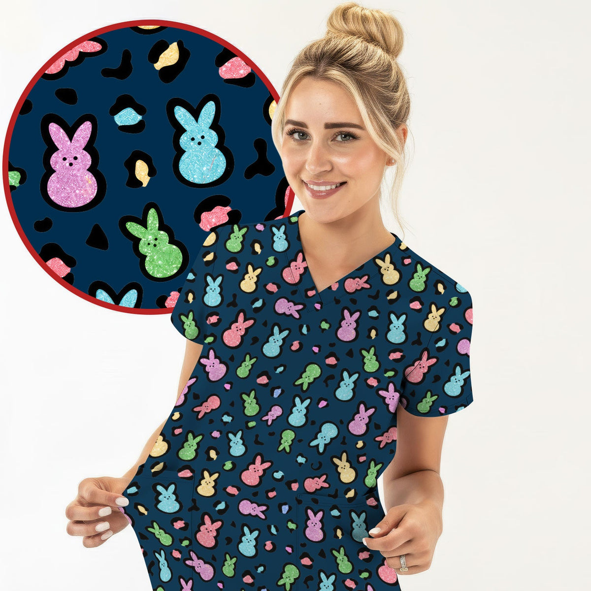 Pastel Bunny Nurse Scrub Top