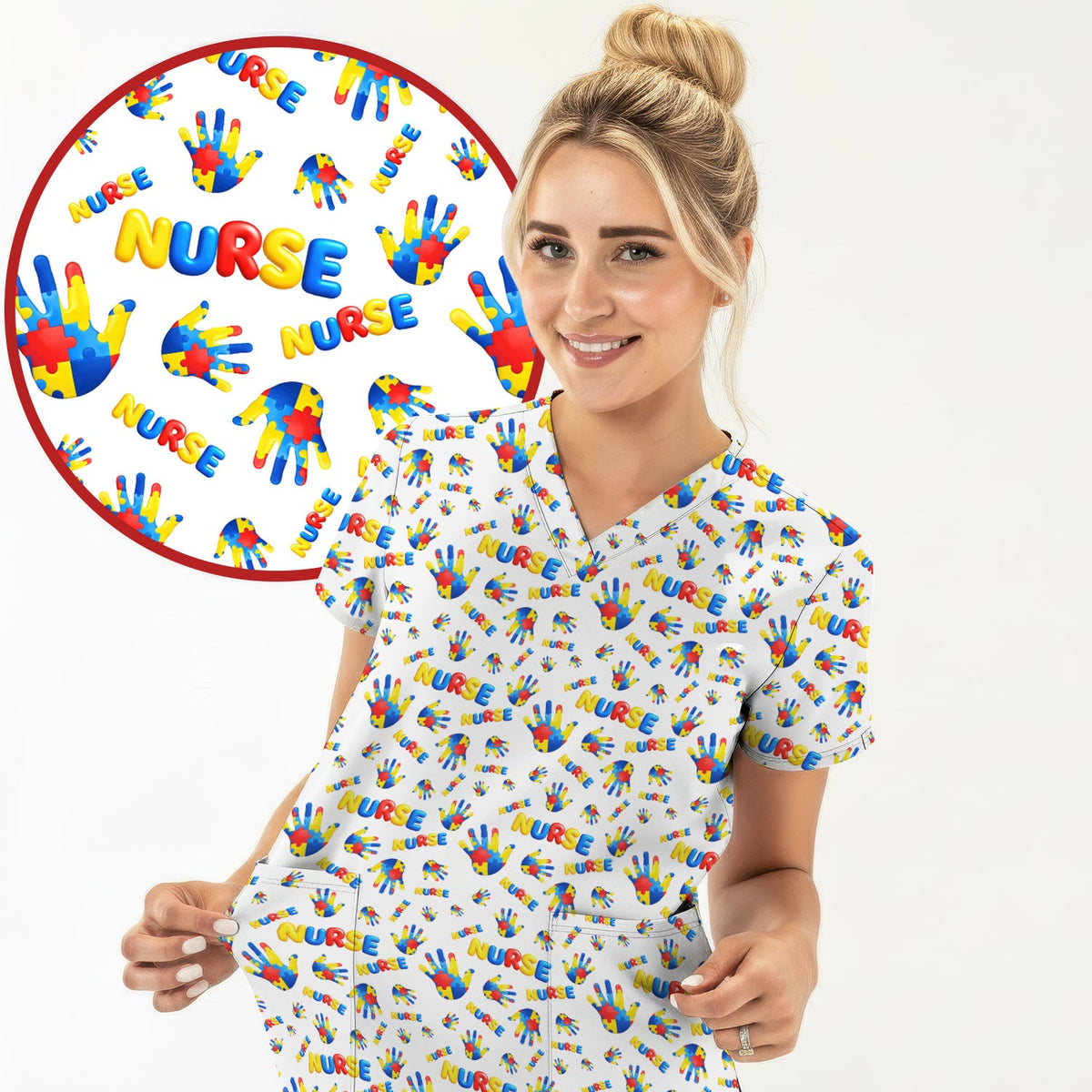 Colorful Autism Handprint Nurse Scrub Top