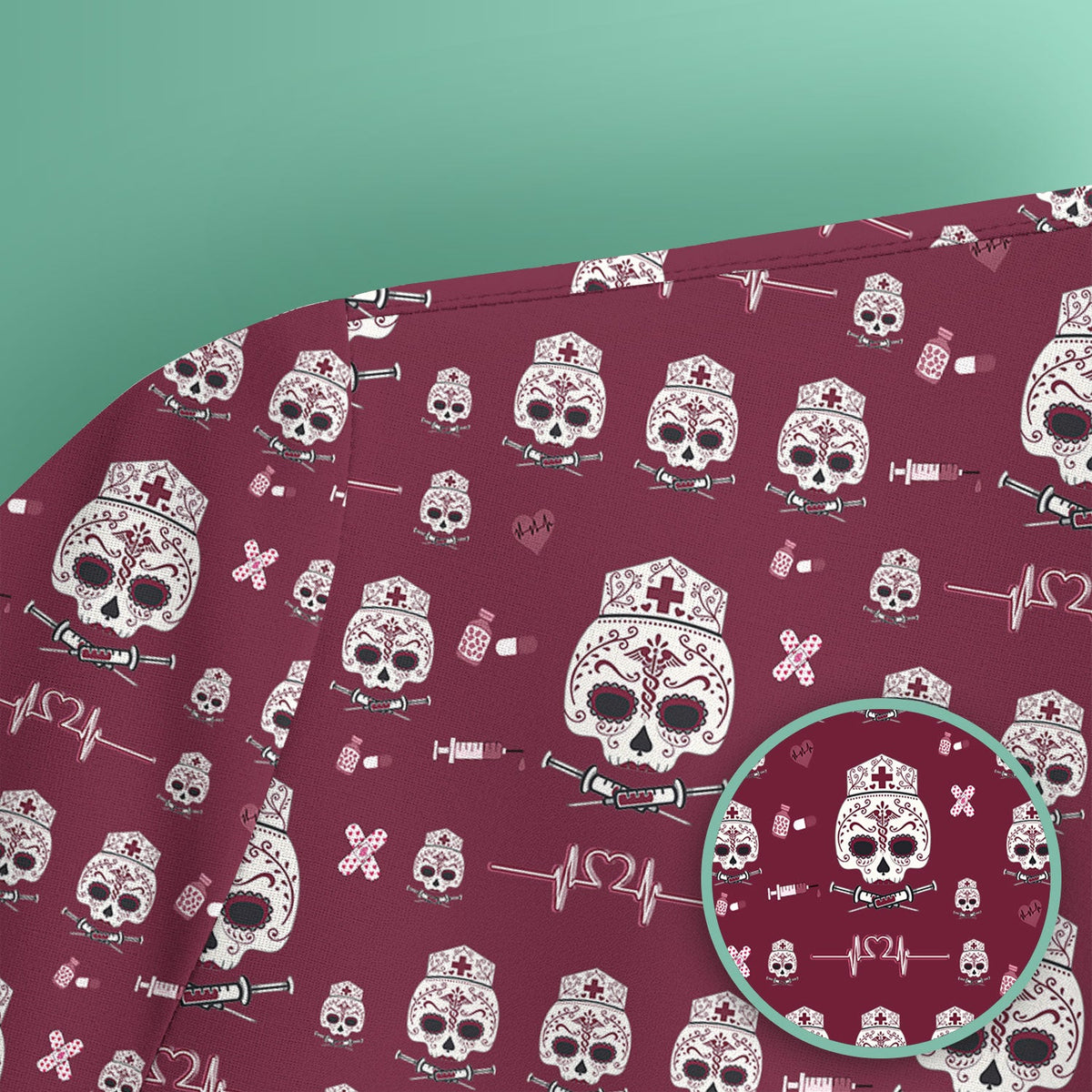 Sugar Skull Scrub Top, Skull Pattern Scrub Shirt, Breathable Fabrics Nursing Uniform