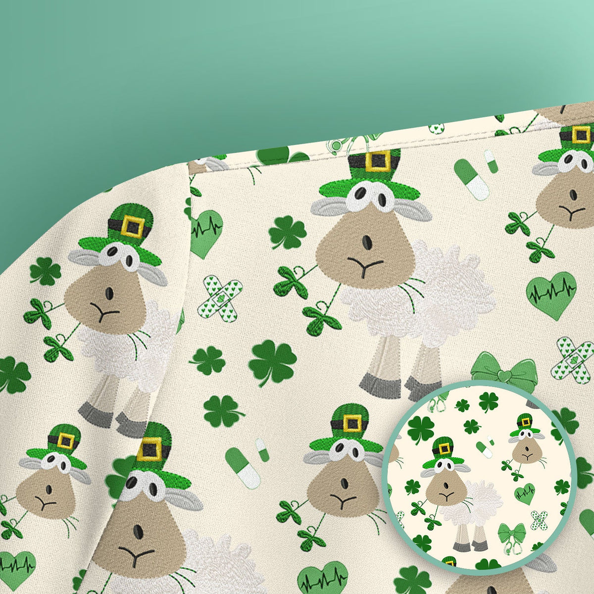 Nurse St. Patrick's Day Scrubs Top, Cute Sheep Shamrock Pattern Nurse Shirt, Breathable Fabrics Nursing Uniform