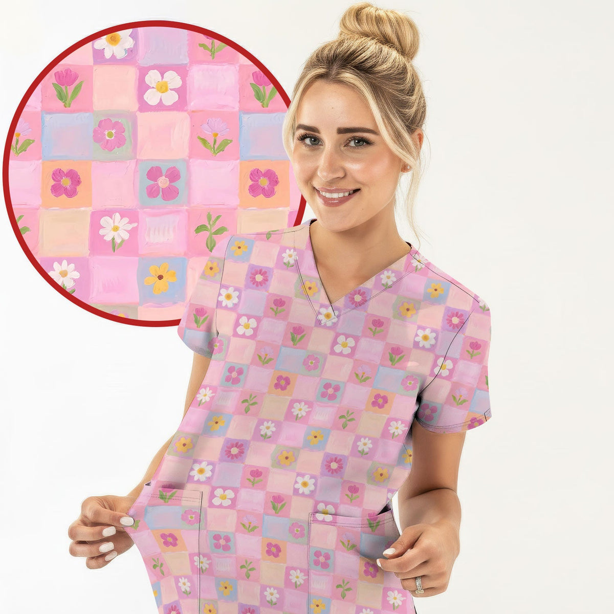 Lovely Pastel Floral Patchwork Nurse Scrub Top