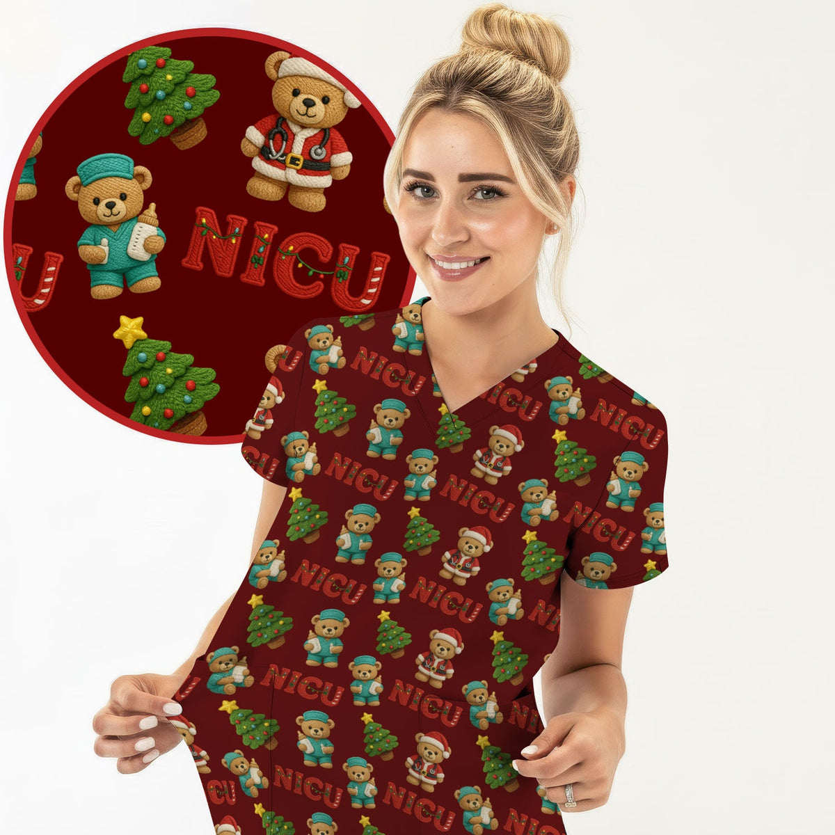 NICU Nurse Teddy Bear Scrub Top - Christmas Gift