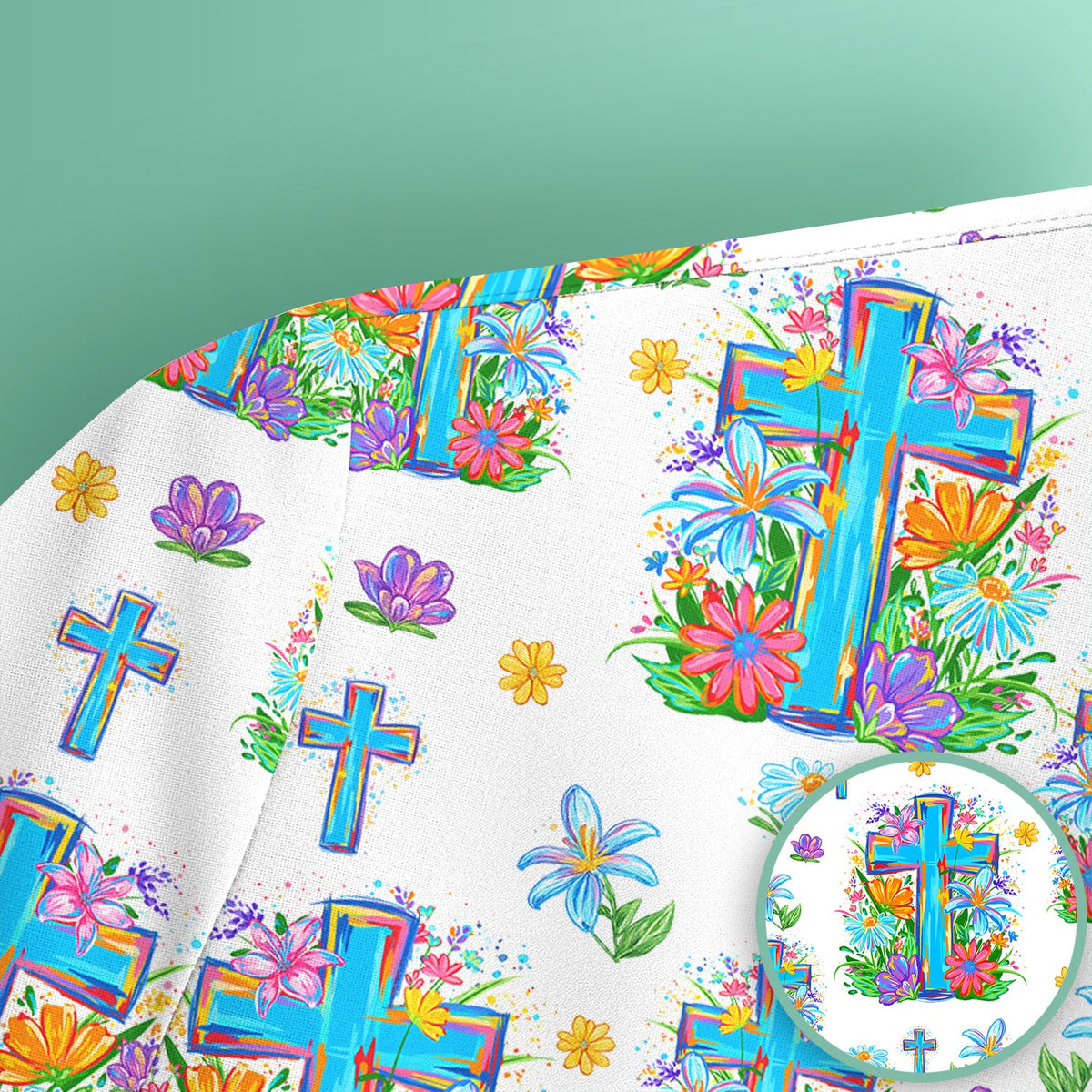 Christian Floral Cross Spring Pattern Scrub Top, Comfortable Scrubs for Nurses