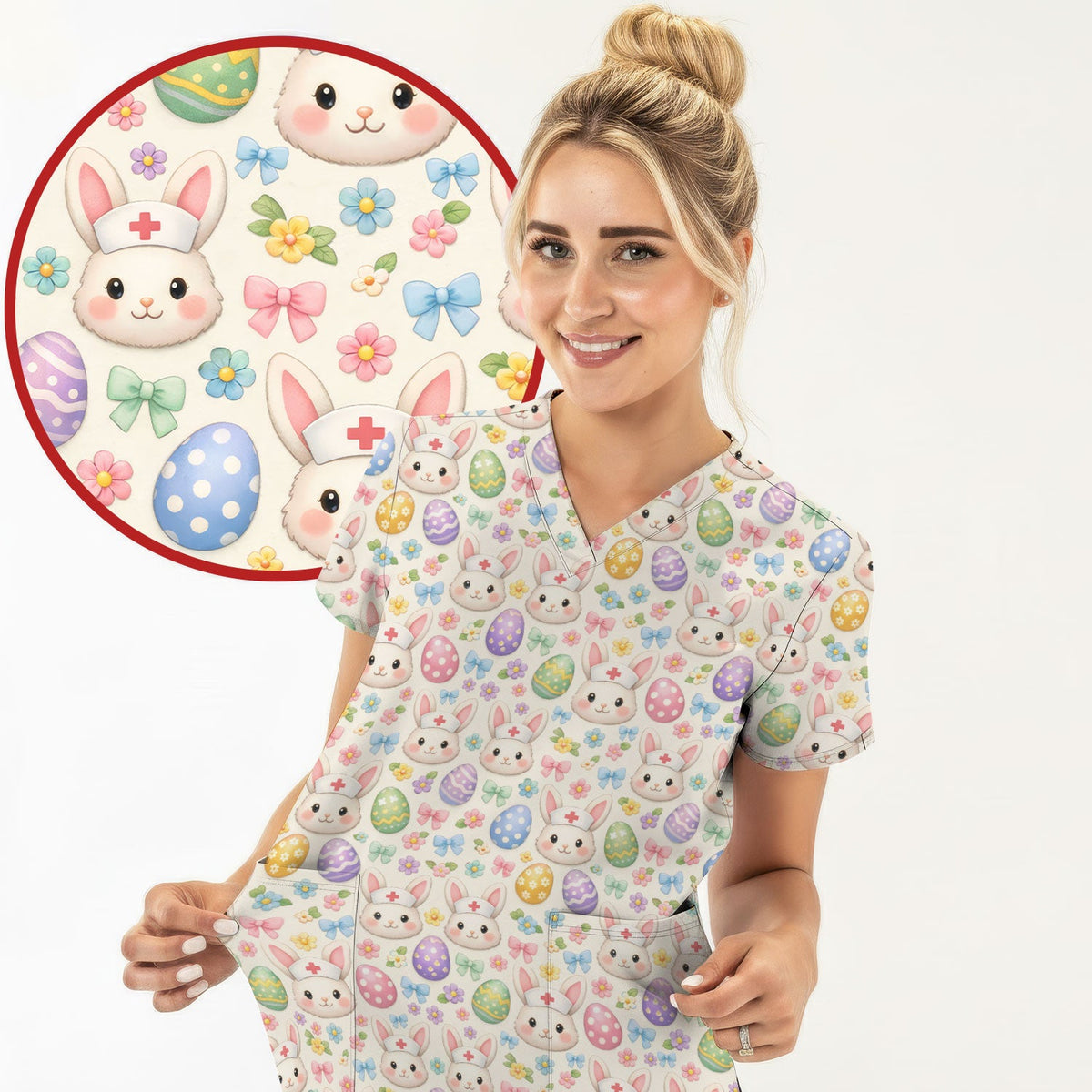 Cute Easter Nurse Bunny Egg Scrub Top, Breathable Fabrics Nursing Uniform